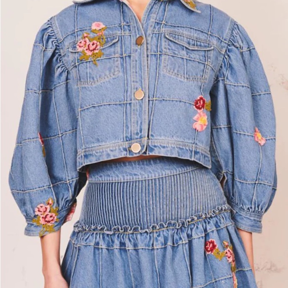 LoveShackFancy Devia Cropped Denim Jacket  large